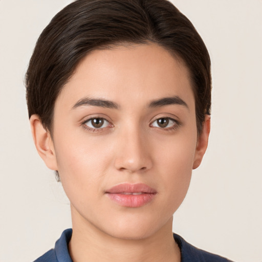 Neutral white young-adult female with short  brown hair and brown eyes