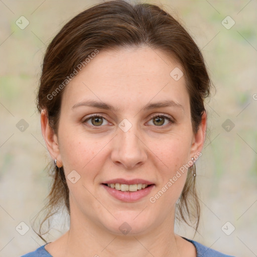 Joyful white young-adult female with medium  brown hair and green eyes