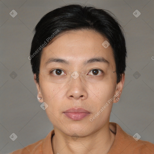 Neutral asian young-adult female with short  black hair and brown eyes