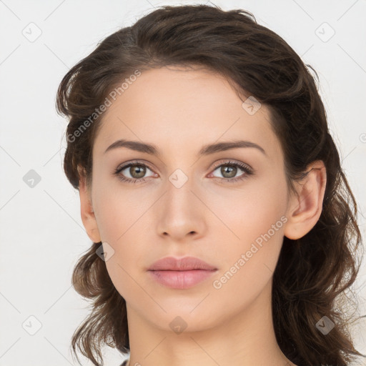 Neutral white young-adult female with medium  brown hair and brown eyes