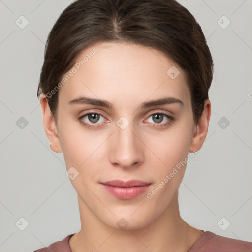 Neutral white young-adult female with short  brown hair and brown eyes