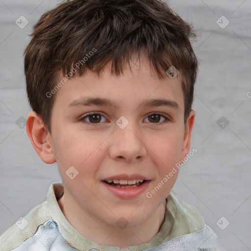 Joyful white child male with short  brown hair and brown eyes