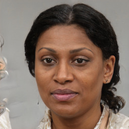 Joyful black adult female with medium  brown hair and brown eyes