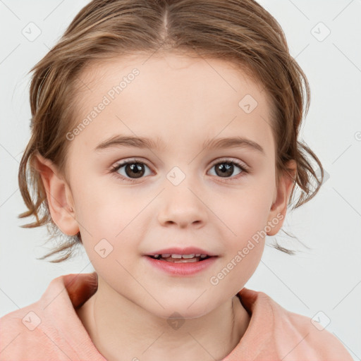 Joyful white child female with medium  brown hair and blue eyes