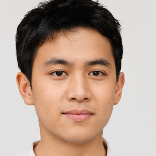 Neutral asian young-adult male with short  brown hair and brown eyes