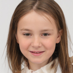 Joyful white child female with medium  brown hair and brown eyes