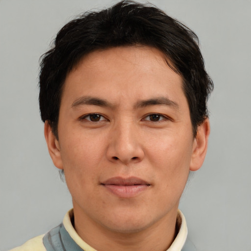 Neutral asian adult male with short  brown hair and brown eyes