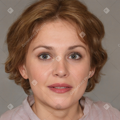 Joyful white adult female with medium  brown hair and blue eyes