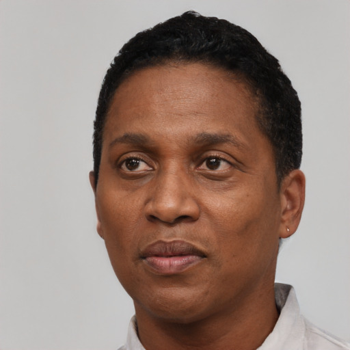 Neutral black adult male with short  black hair and brown eyes