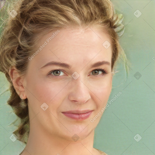 Joyful white young-adult female with medium  brown hair and green eyes