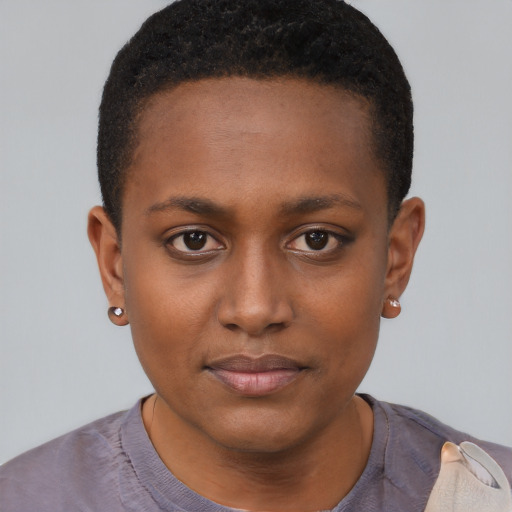 Neutral black young-adult female with short  brown hair and brown eyes