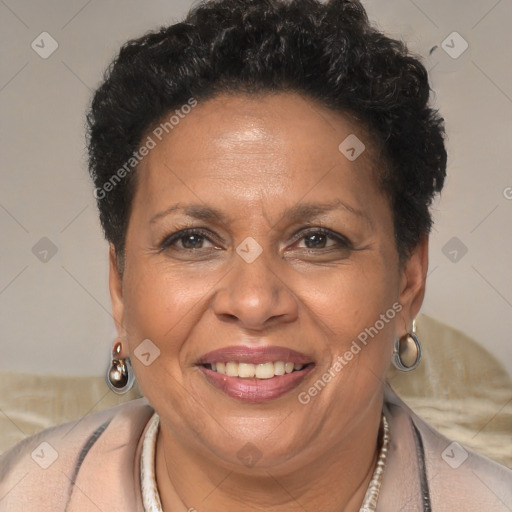 Joyful white adult female with short  brown hair and brown eyes