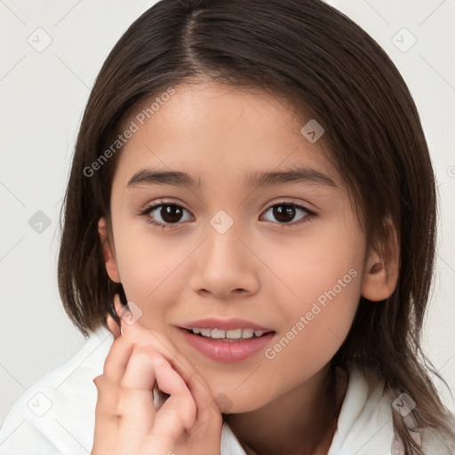 Joyful white child female with medium  brown hair and brown eyes