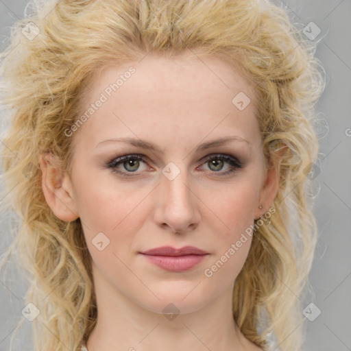 Joyful white young-adult female with medium  brown hair and blue eyes