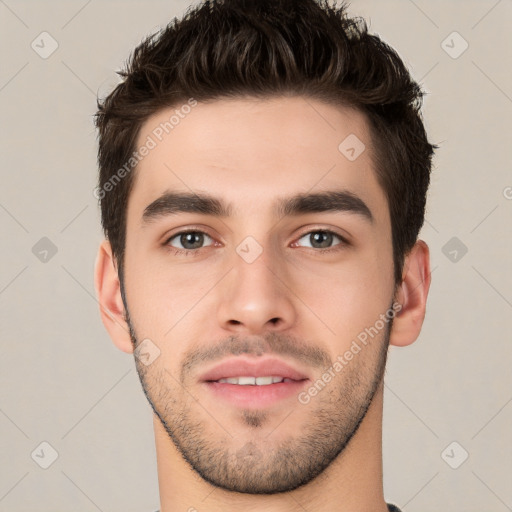 Neutral white young-adult male with short  brown hair and brown eyes