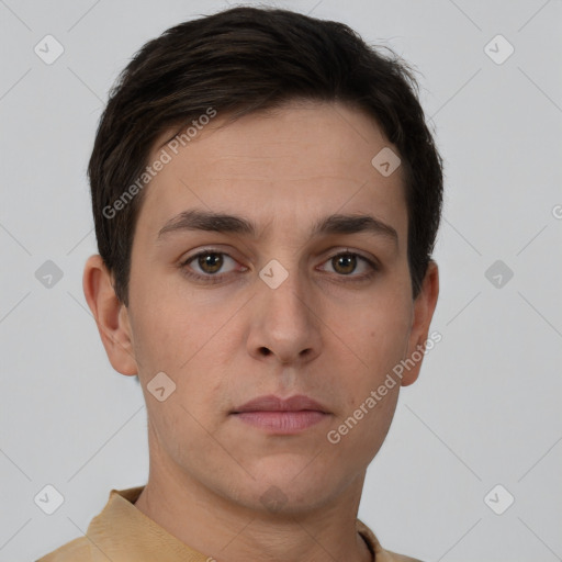 Neutral white young-adult male with short  brown hair and brown eyes