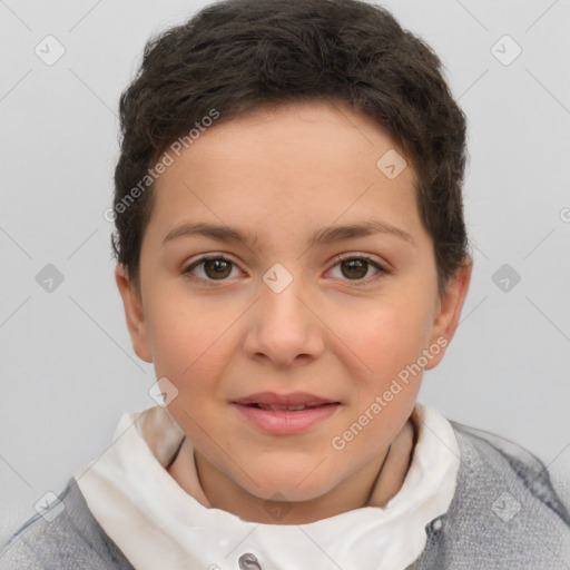 Joyful white child female with short  brown hair and brown eyes