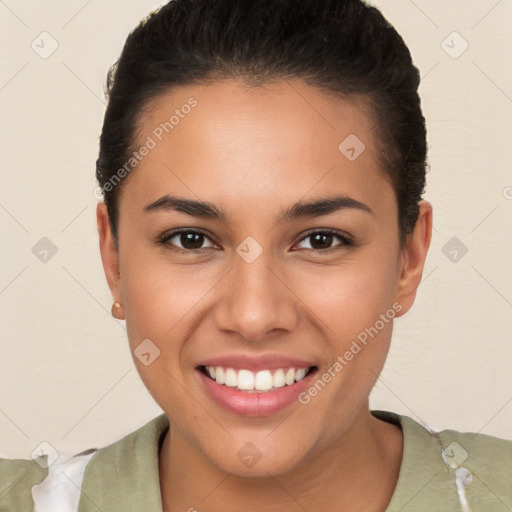 Joyful white young-adult female with short  brown hair and brown eyes