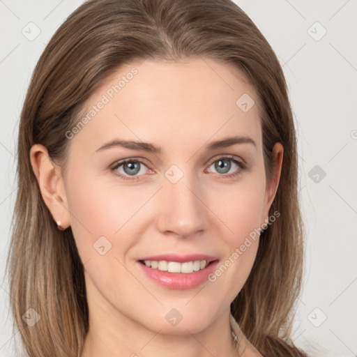 Joyful white young-adult female with long  brown hair and grey eyes