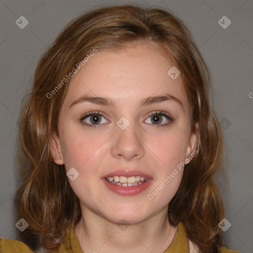 Joyful white young-adult female with medium  brown hair and blue eyes