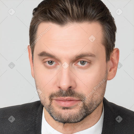 Neutral white adult male with short  brown hair and brown eyes