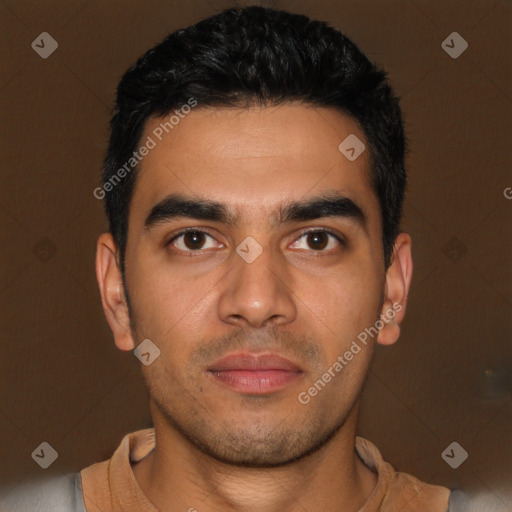 Neutral latino young-adult male with short  black hair and brown eyes