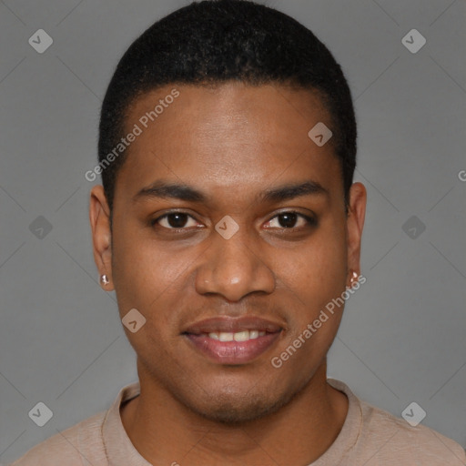 Joyful black young-adult male with short  brown hair and brown eyes