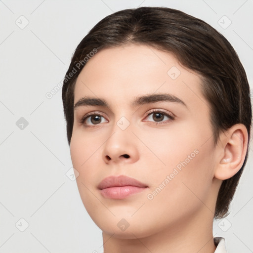 Neutral white young-adult female with medium  brown hair and brown eyes