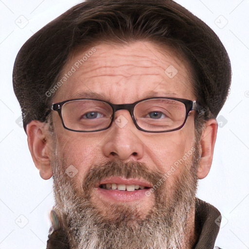 Joyful white adult male with short  brown hair and blue eyes