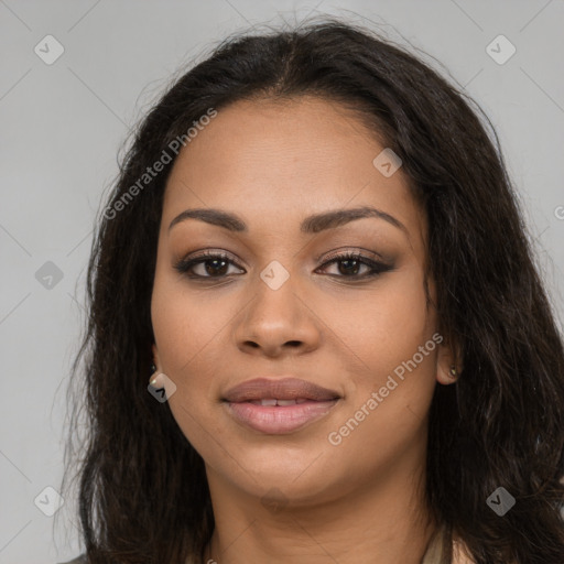 Joyful latino young-adult female with long  brown hair and brown eyes