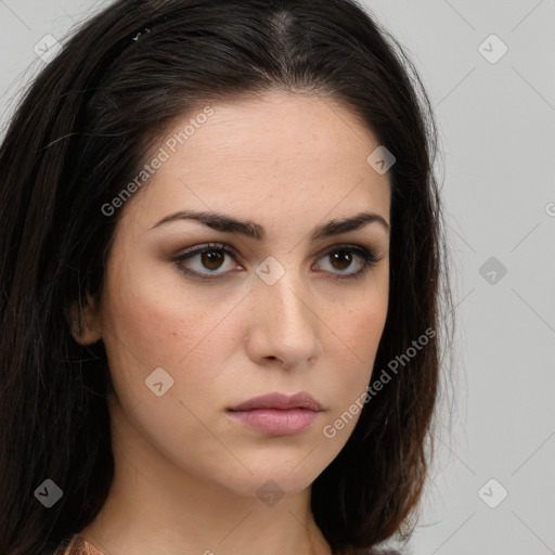 Neutral white young-adult female with long  brown hair and brown eyes