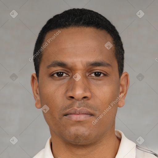Neutral latino young-adult male with short  black hair and brown eyes