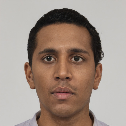Neutral black young-adult male with short  black hair and brown eyes