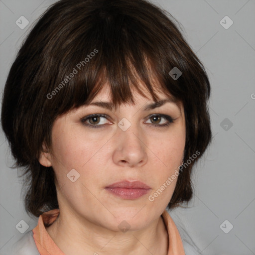 Neutral white young-adult female with medium  brown hair and brown eyes