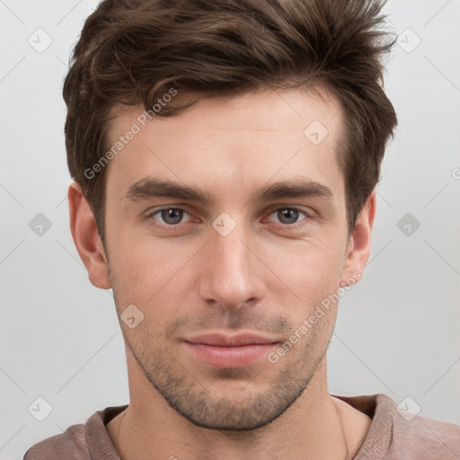 Neutral white young-adult male with short  brown hair and grey eyes