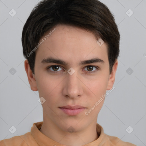 Neutral white young-adult male with short  brown hair and brown eyes