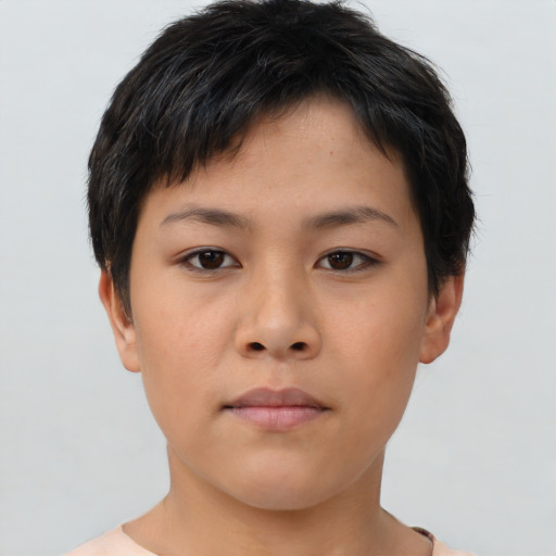 Neutral asian young-adult female with short  brown hair and brown eyes