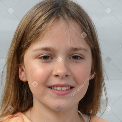 Joyful white child female with medium  brown hair and grey eyes