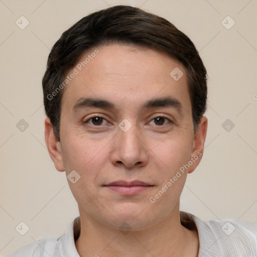 Neutral white young-adult male with short  brown hair and brown eyes