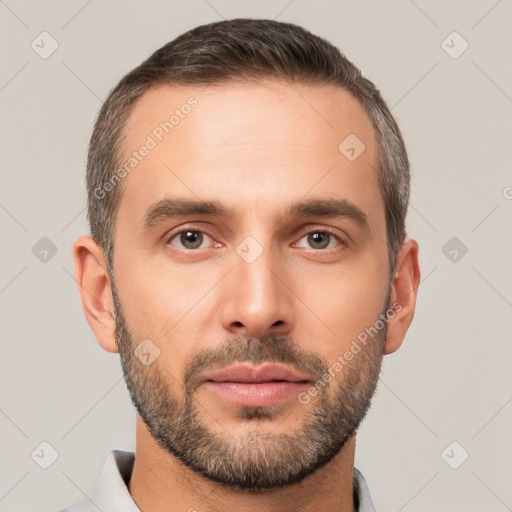 Neutral white young-adult male with short  brown hair and brown eyes