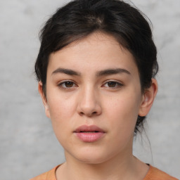 Neutral white young-adult female with short  brown hair and brown eyes