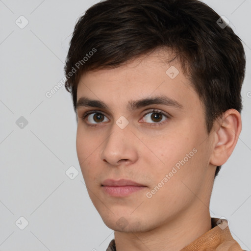 Neutral white young-adult male with short  brown hair and brown eyes