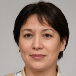 Joyful white adult female with medium  brown hair and brown eyes