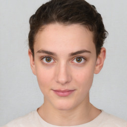 Neutral white young-adult female with short  brown hair and brown eyes