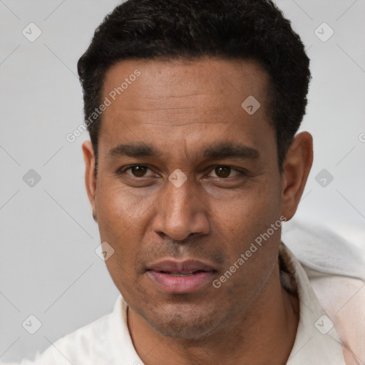 Neutral latino adult male with short  black hair and brown eyes