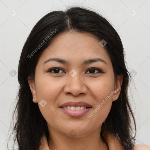 Joyful asian young-adult female with long  brown hair and brown eyes