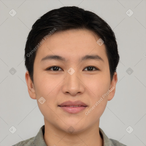 Joyful asian young-adult male with short  black hair and brown eyes