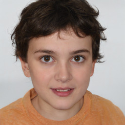 Joyful white child female with short  brown hair and brown eyes