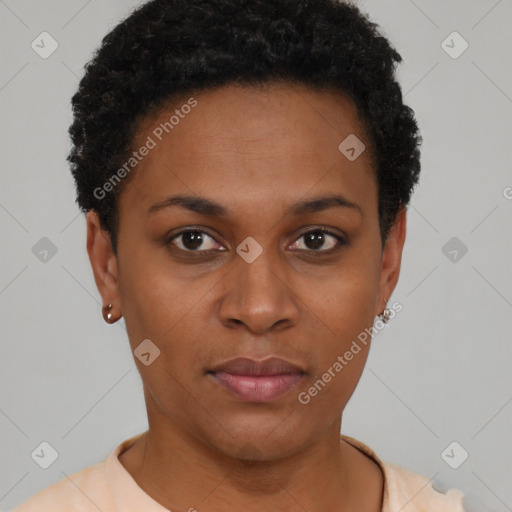 Neutral black young-adult female with short  brown hair and brown eyes