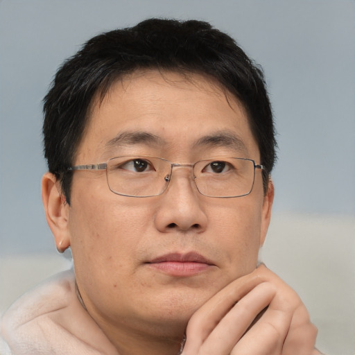 Neutral asian adult male with short  brown hair and brown eyes